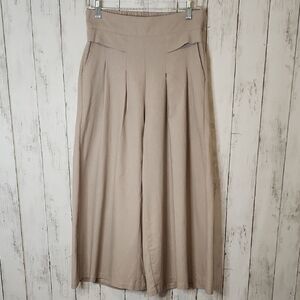 High-Waisted Tan Linen Blend Wide-Leg Pants Medium